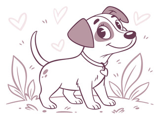 Cute Cartoon Puppy with Heart Collar in a Field of Love