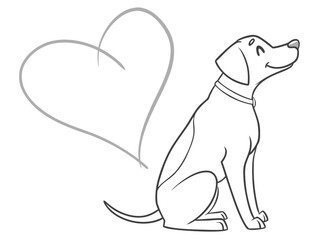 Line Art of a Happy Dog Sitting with a Heart Shape Outline