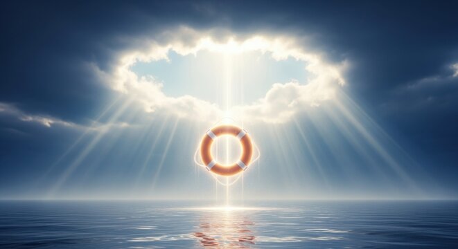 Hope Shines Through Clouds Illuminating a Lifebuoy in the Ocean