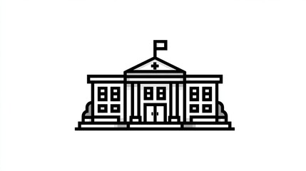 Simple black outline drawing of a government building.  A classic, symmetrical building with a flag atop, a portico, and multiple windows