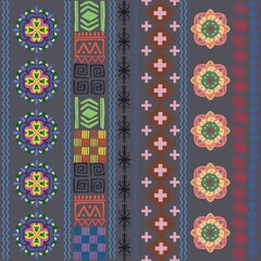 Seamless geometric pattern with colorful mandala and tribal motif creates vibrant decorative background for textile or wallpaper design