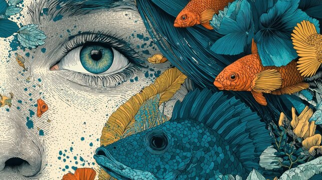 Surreal fusion of human face, fish, and flora creates an aquatic dream