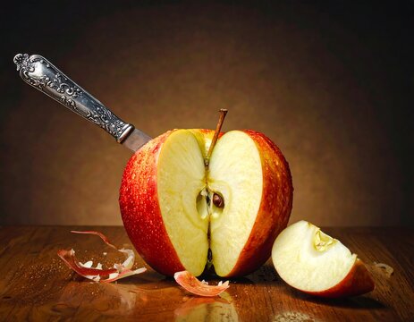 Sliced apple on wooden table with antique knife - Powered by Adobe