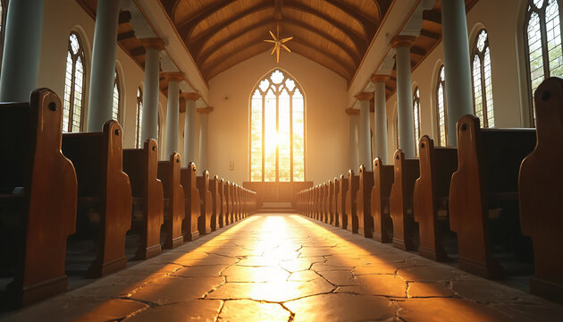 Church Interior with Sunlight Through Gothic Window
