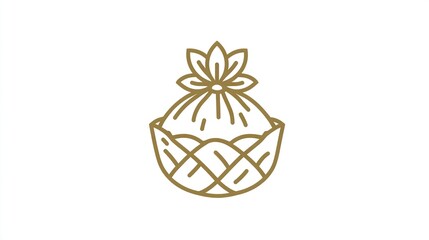 A gold line drawing depicts a stylized spherical object, possibly a sweet treat, nestled in a woven leaf-like container, topped with a floral flourish.  The design is minimalist and elegant