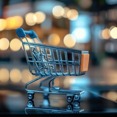 Miniature shopping cart with illuminated background representing retail