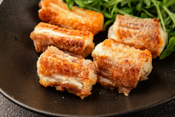 Fried fish rock eel fish rock salmon shark seafood small-spotted catshark portion size tasty snack fresh delicious gourmet food background on the table rustic top view copy space pescetarian diet