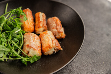 Fried fish rock eel fish rock salmon shark seafood small-spotted catshark portion size tasty snack fresh delicious gourmet food background on the table rustic top view copy space pescetarian diet