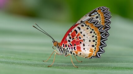 Vibrant Leopard Lacewing butterfly resting upside down on fresh green leaf with soft blurred background, showcasing delicate wings, natural wildlife, tropical insect and peaceful garden scene