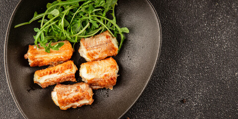 Fried fish rock eel fish rock salmon shark seafood small-spotted catshark portion size tasty snack fresh delicious gourmet food background on the table rustic top view copy space pescetarian diet