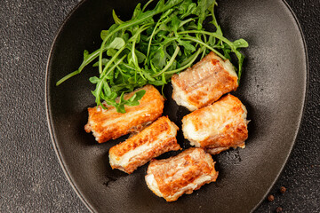 Fried fish rock eel fish rock salmon shark seafood small-spotted catshark portion size tasty snack fresh delicious gourmet food background on the table rustic top view copy space pescetarian diet