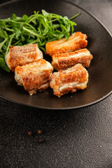 Fried fish rock eel fish rock salmon shark seafood small-spotted catshark portion size tasty snack fresh delicious gourmet food background on the table rustic top view copy space pescetarian diet