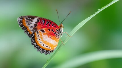 Obraz premium Vibrant Leopard Lacewing butterfly resting upside down on fresh green leaf with soft blurred background, showcasing delicate wings, natural wildlife, tropical insect and peaceful garden scene