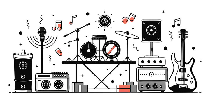 Live music band stage setup with guitar drums microphones and amplifiers sketch style