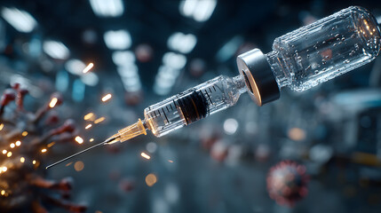 Focused medium shot on monoclonal antibody cocktail syringe being prepared for subcutaneous injection with softly outoffocus epidemic treatment room.