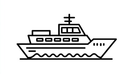 Simple black outline drawing of a ship.  It features a hull,  cabin,  and superstructure,  with details like windows and a  antenna.  The ship sits on stylized water waves