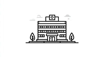 Simple, outlined illustration of a hospital building.  A multi-story hospital structure is depicted with a plus symbol above the entrance.  Small trees and clouds are present