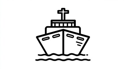 Simple black outline drawing of a cargo ship on water.  A stylized, front-facing cargo vessel with a cross atop the superstructure.  Waves below the hull