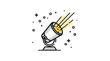 A minimalist line-art illustration of a spotlight, emitting bright yellow beams against a white background, accented with small circles and stars