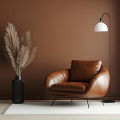 Elegant Interior with Leather Armchair, Pampas Grass, and Floor Lamp