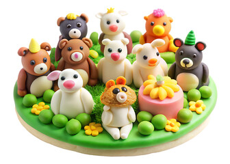 Cute Clay Animal Figures on a Green Cake Base image isolated on a transparent background