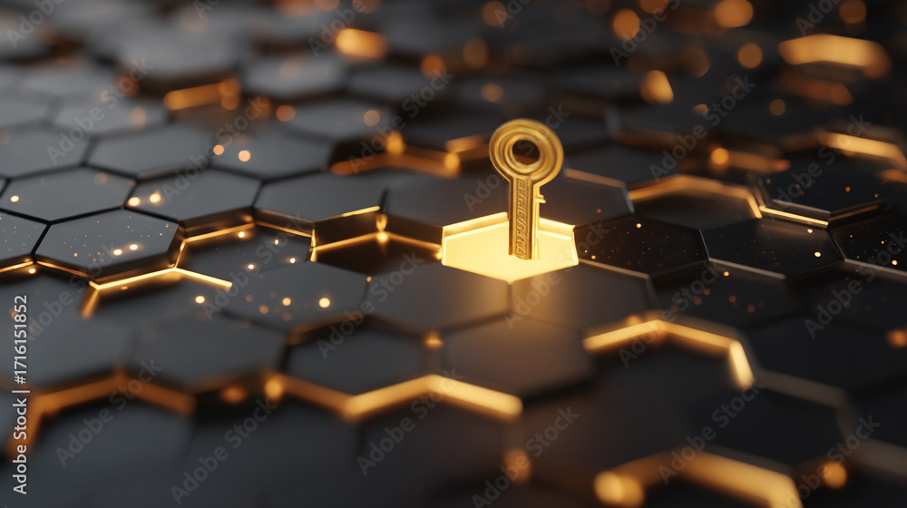 Poster a golden key standing on a brightly lit hexagon among darker hexagons array
