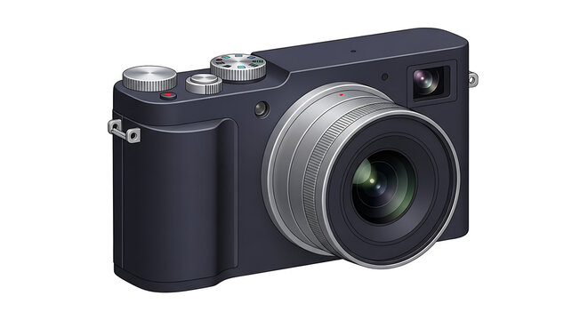 A modern black digital compact camera with a silver lens and control dials isolated on a white background.