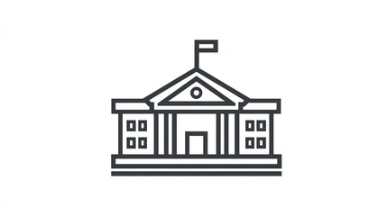 A minimalist line drawing of a classical government building with a flag atop, featuring a central entrance and symmetrical windows, set against a white background