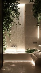 Serene bathroom oasis with rainfall shower and lush botanical accents
