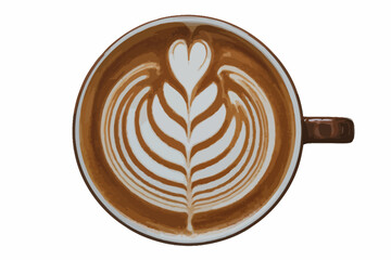 Top View of Latte Art Coffee Cup with Intricate Leaf Pattern on White Background Delicious and Inviting