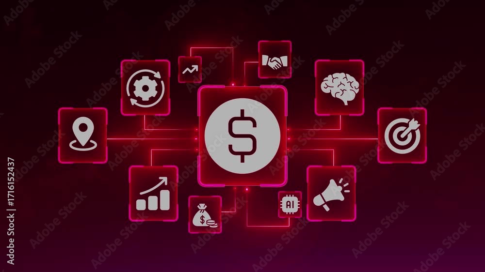 Poster digital network of business icons with dollar symbol in center on dark red background finance techno