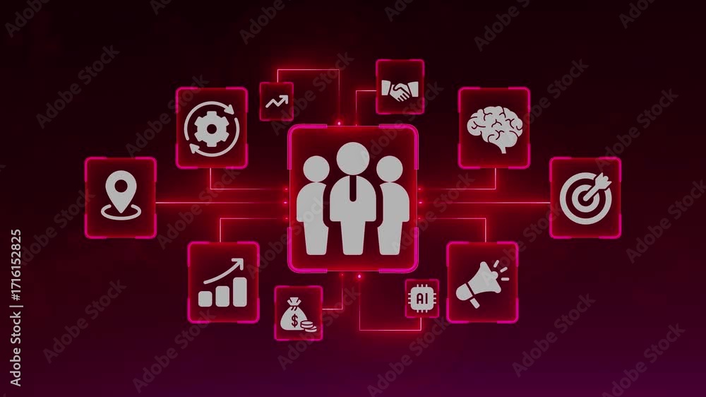 Poster digital business strategy icons connected in a network on a dark red background with glowing lines i