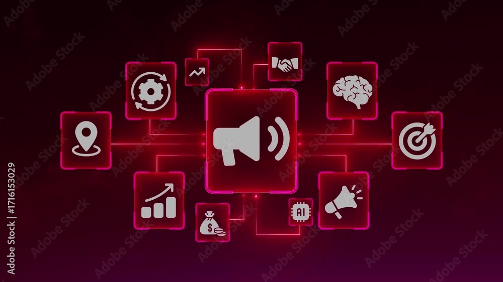 Poster digital business strategy icons connected in a network on a dark red background with glowing red lin