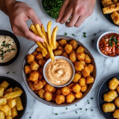 Golden fried potato snacks with dipping sauce and various topping bowls