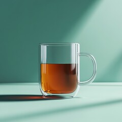 Elegant clear glass mug filled with amber liquid on pastel backdrop