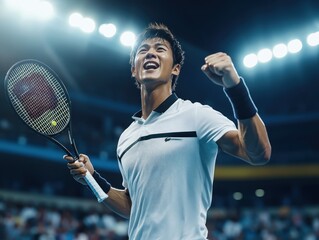 Triumphant tennis player celebrating victory on a brightly lit court