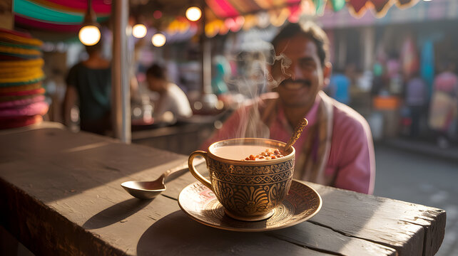 Traditional Indian Chai Stall with Vendor, Copper Kettle, and Spices in Vibrant Marketplace - Powered by Adobe