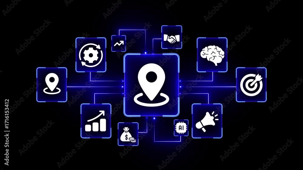 Poster Digital Network Connecting Location Brain AI Marketing Business Growth and Target Icons on Black Background