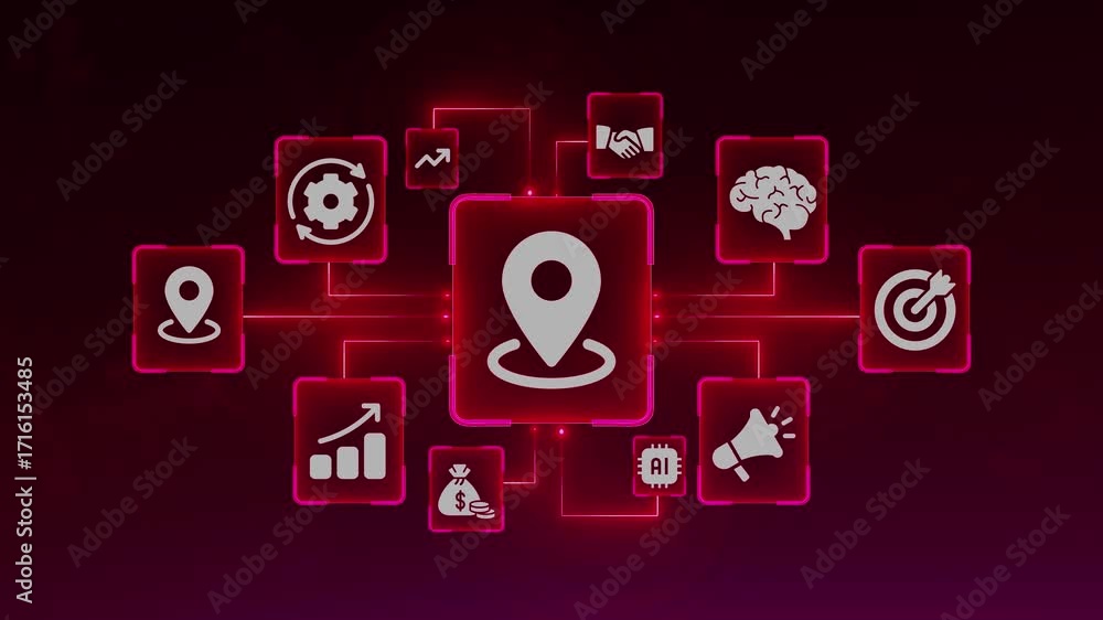 Poster Digital Network Connecting Location Brain AI Marketing Business Growth and Target Icons on Dark Red Background
