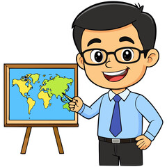 Cartoon man presenting world map on easel, wearing glasses and tie.