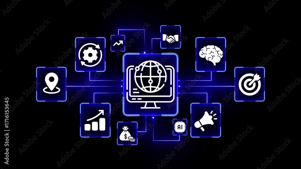 Poster futuristic blue digital network of business and technology icons centered around a computer monitor 