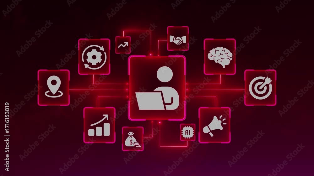 Poster red digital network of business and technology icons with a central person using a laptop image phot