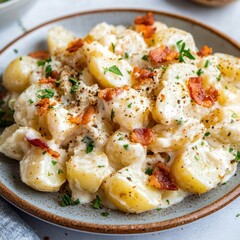Creamy potato salad adorned with crispy bacon and fresh herb garnish