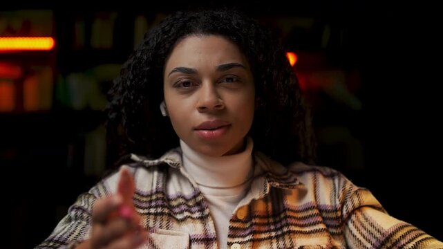 POV of kind young African American woman conducting educational webinar online