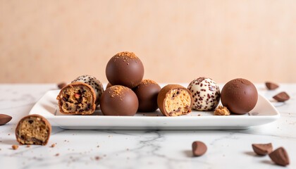 Chocolate truffles arranged on a white plate with chocolate chips  