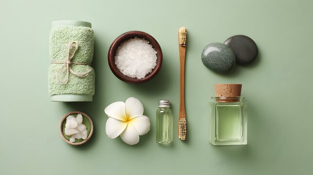 A serene spa arrangement featuring candles, stones, green towels, and flowers on a soft green background