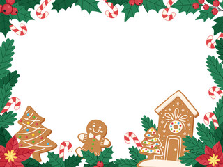 Christmas cartoon frame with gingerbread houses, men, candy canes, poinsettia and holly leaves. Vector holiday decor for greeting cards, invitations, posters, and seasonal projects.