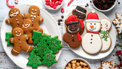 Assortment of festive christmas gingerbread cookies, including gingerbread men, snowmen, and trees