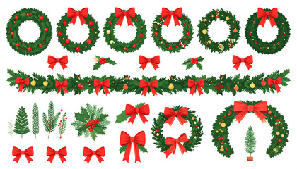 A collection of festive christmas decorations including wreaths, garlands, bows, and pine trees