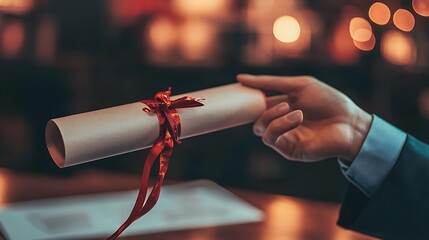 A hand in a suit holds a diploma rolled and tied with a red ribbon with blurred lights in the background